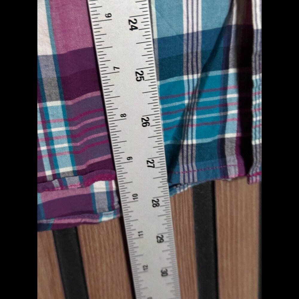 Old Navy Shirt Medium Blue Pink Check Plaid Short Sleeve Button Oxford Slim Fit - Picture 4 of 7